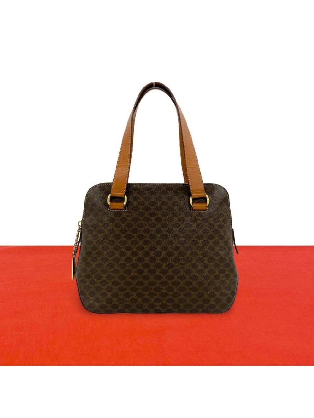 Celine Vintage Macadam Blason Triomphe Pattern Leather Handbag Mini Tote Brown
